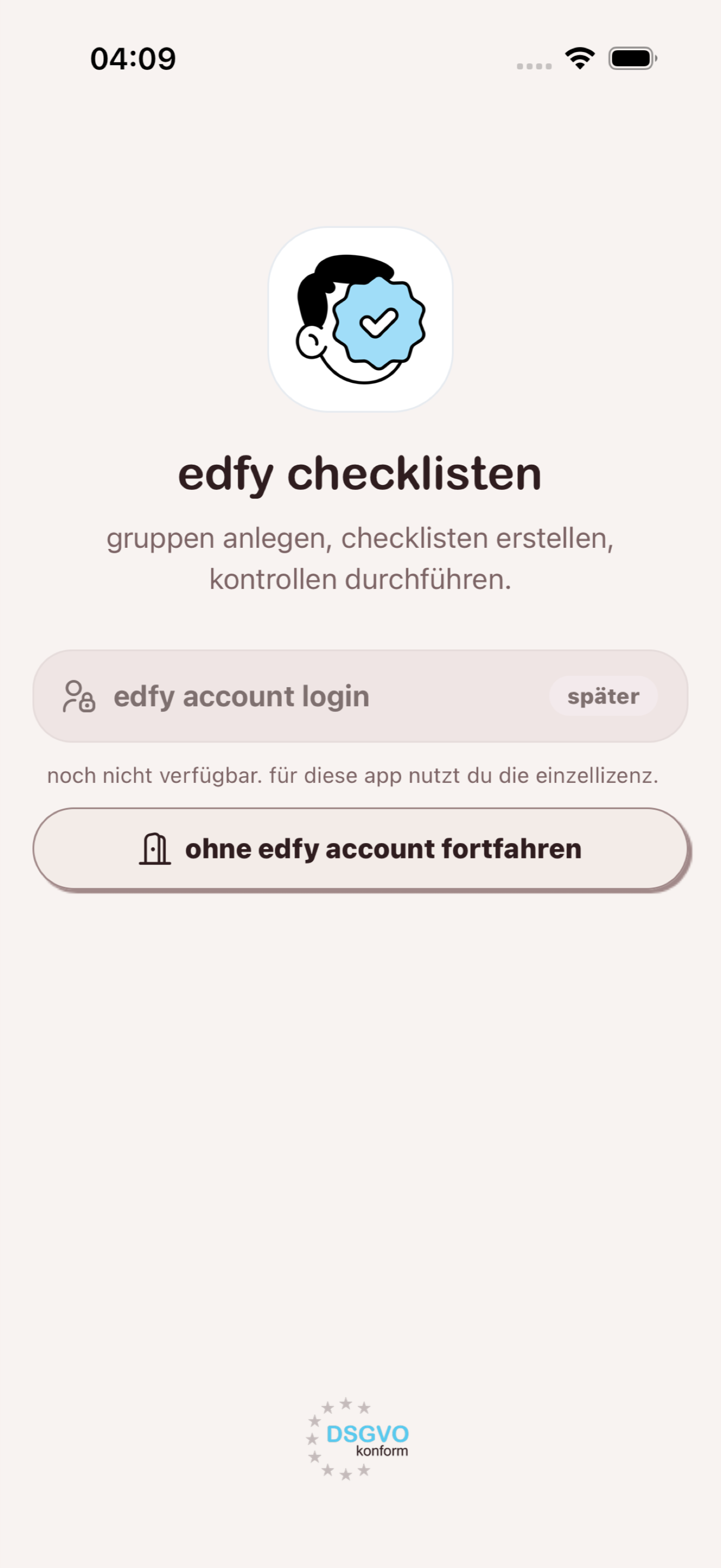 startbildschirm von edfy checklisten