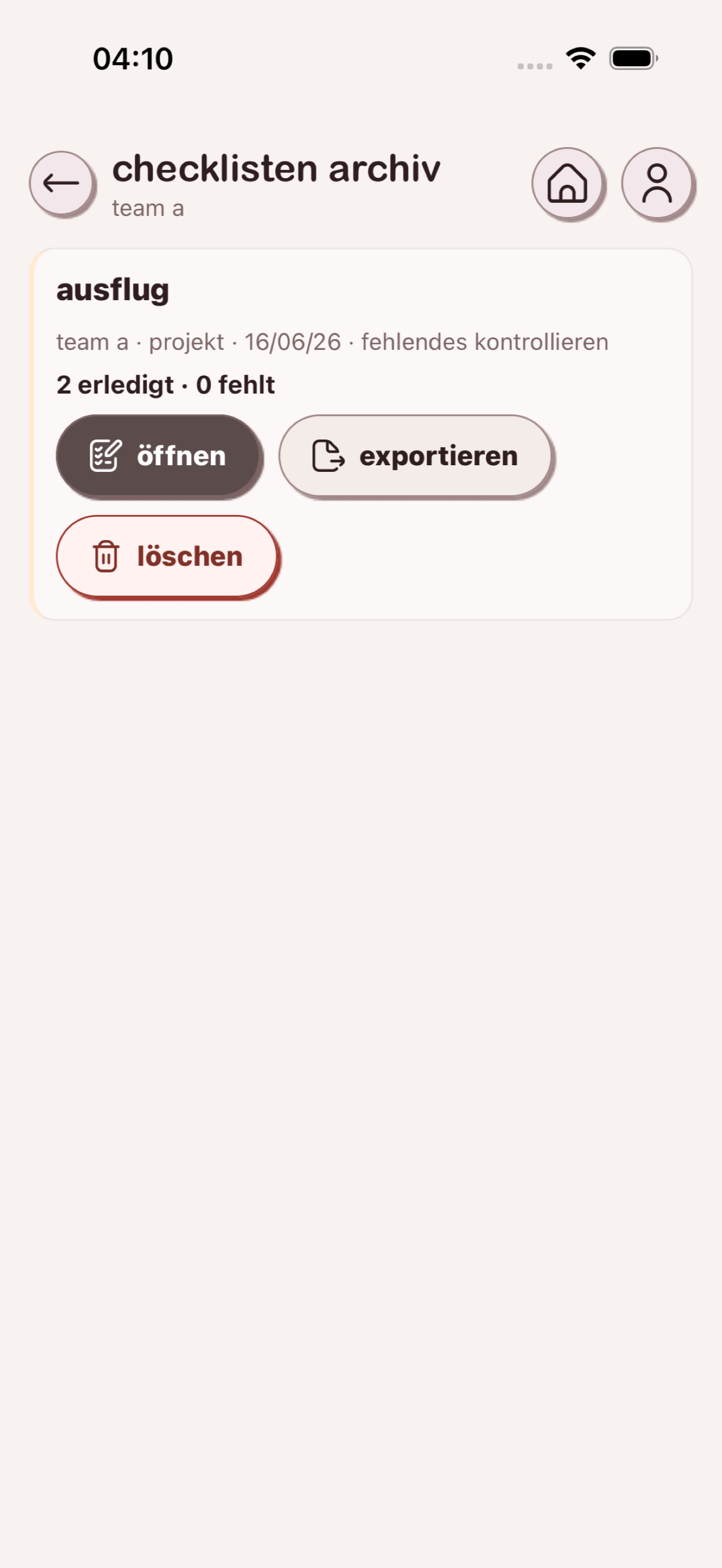 checklisten archiv mit gespeicherten checklisten